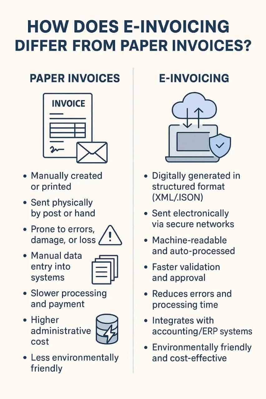 This image represents a picture showing what is the problem of paper invoices and what is the benefits of e-invoices - DDD Invoices