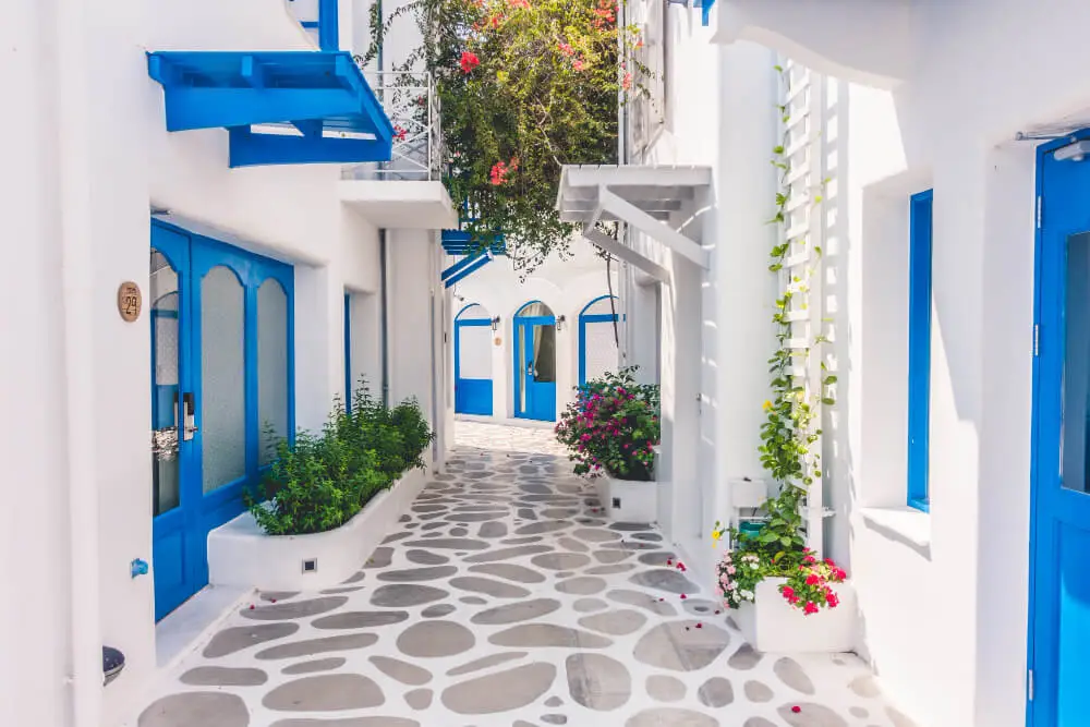 A scenic view of Mykonos, Greece.