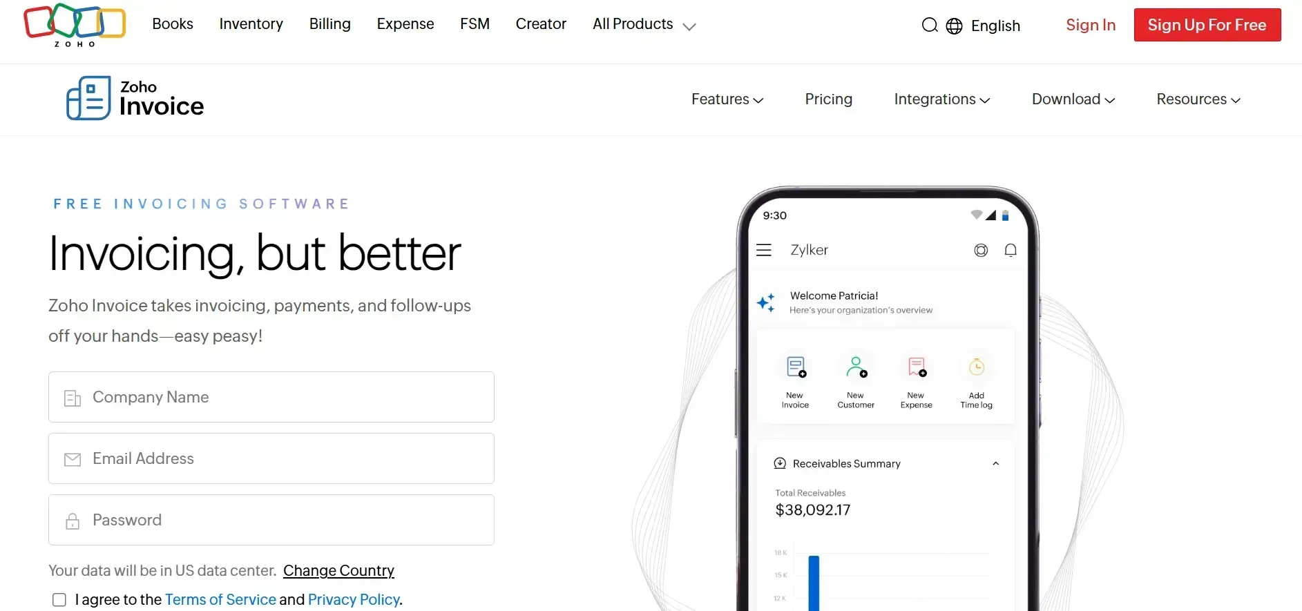 Alt text: Zoho Invoice mobile dashboard showing invoices, customers, expenses, and receivables.