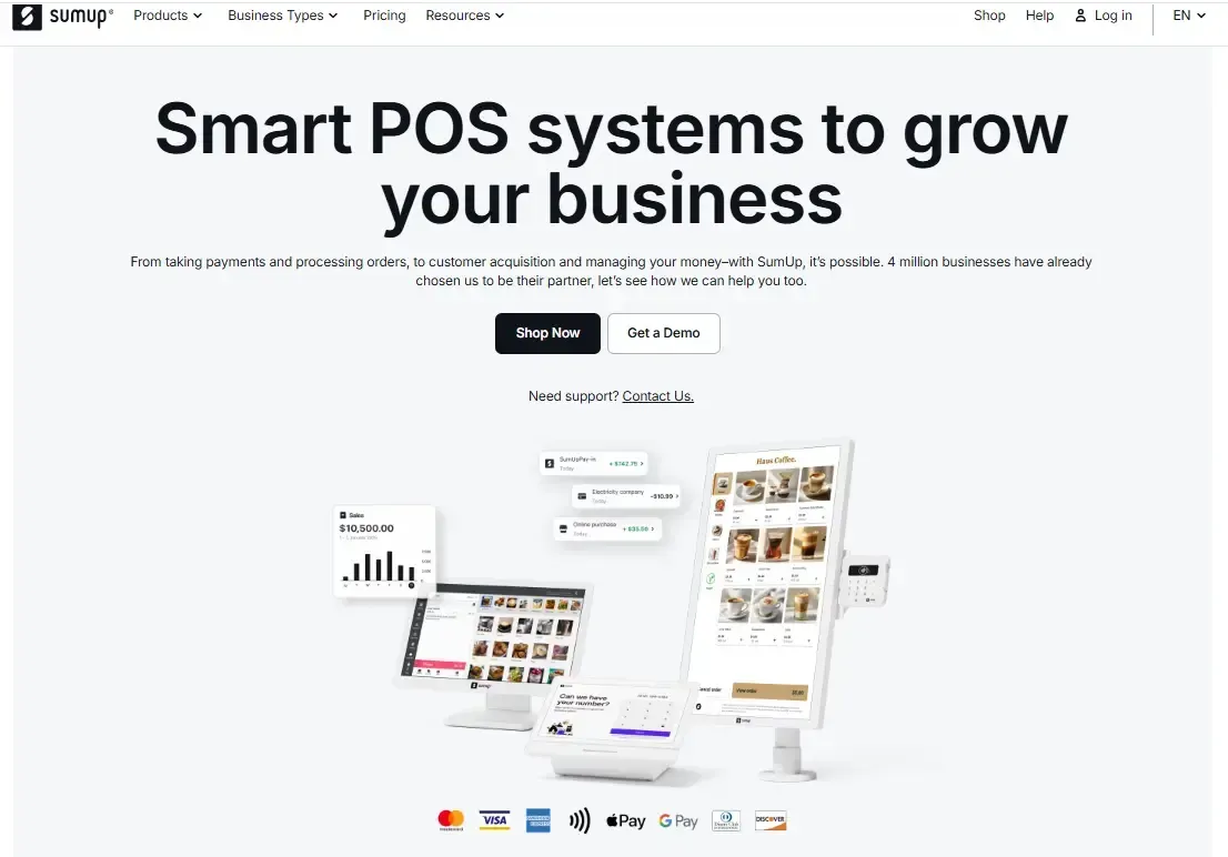 Alt text: SumUp homepage showing smart POS devices, payment logos, and action buttons.