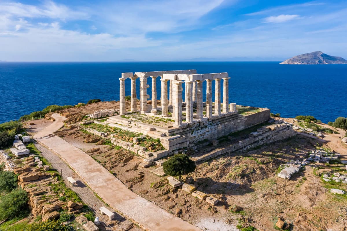 Ancient Temple of Poseidon at Cape Sounion, Greece, overlooking the Aegean Sea, where history meets innovation with DDD Invoices supporting digital invoicing solutions.