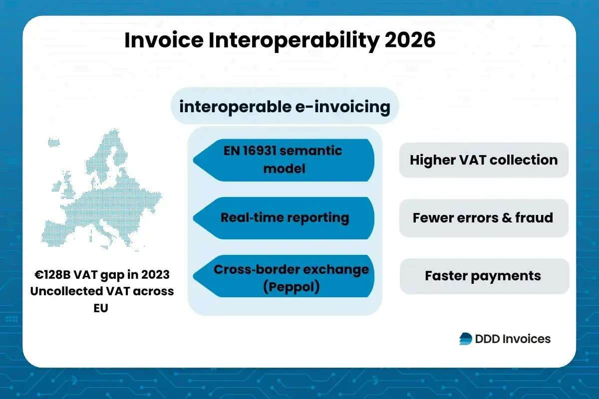 An Infographic by DDD invoices showing EU invoice interoperability in 2026, highlighting a €128B VAT gap in 2023, with interoperable e-invoicing based on EN 16931 