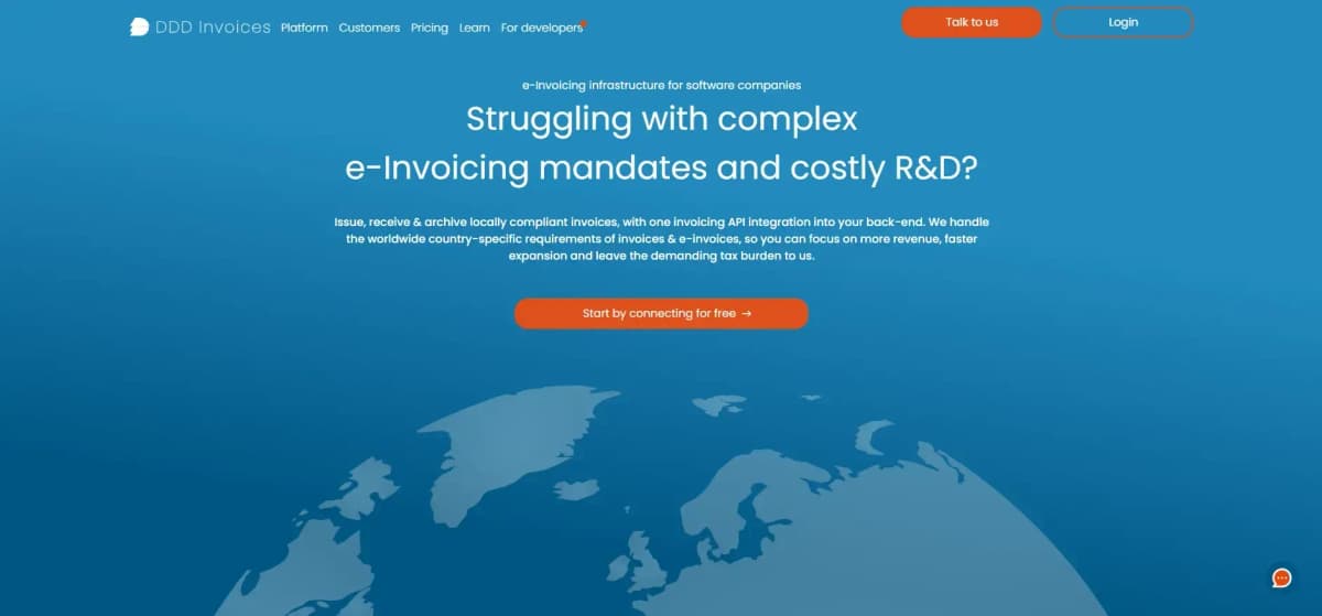 Alt Text: DDD Invoices homepage highlighting its invisible compliance engine for embedding compliant e-invoicing through a developer-friendly API