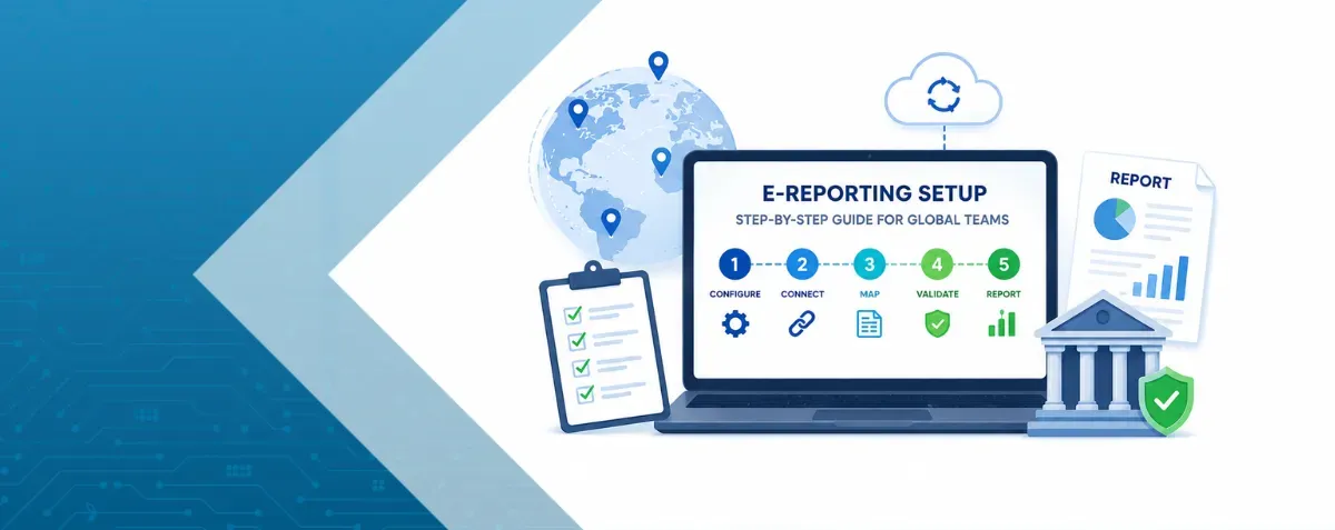 Global map with highlighted regions connected by digital lines to various tax portals, illustrating e-reporting and worldwide compliance networks.