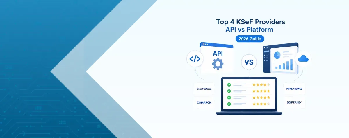Top 4 KSeF Providers: API vs Platform infographic comparing API integration and platform solutions for Poland’s national e-invoicing system (KSeF).