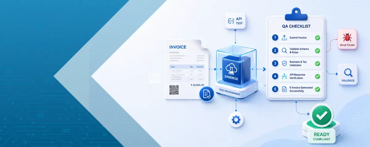 Sandbox testing workflow showing invoice validation, QA checklist, issue detection, and compliance readiness.