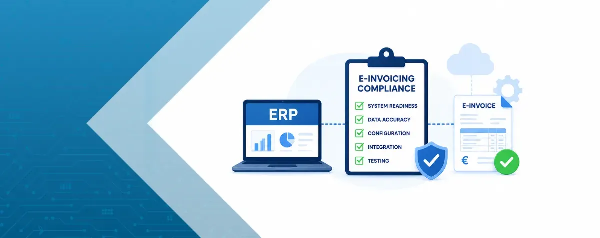 ERP e-invoicing dashboard showing approved invoice and compliance status with workflow icons.