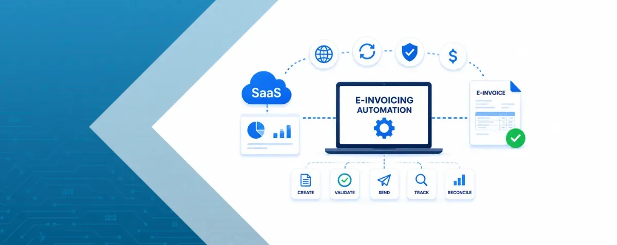 Visual of e-invoicing automation system with invoice capture, validation, and ERP integration across global finance operations.