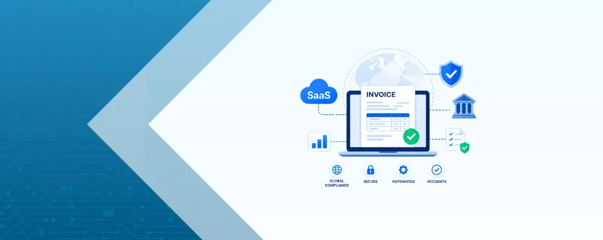 Why SaaS Invoicing Drives Global Compliance, featuring a handshake with a digital global network overlay, with DDD Invoices.
