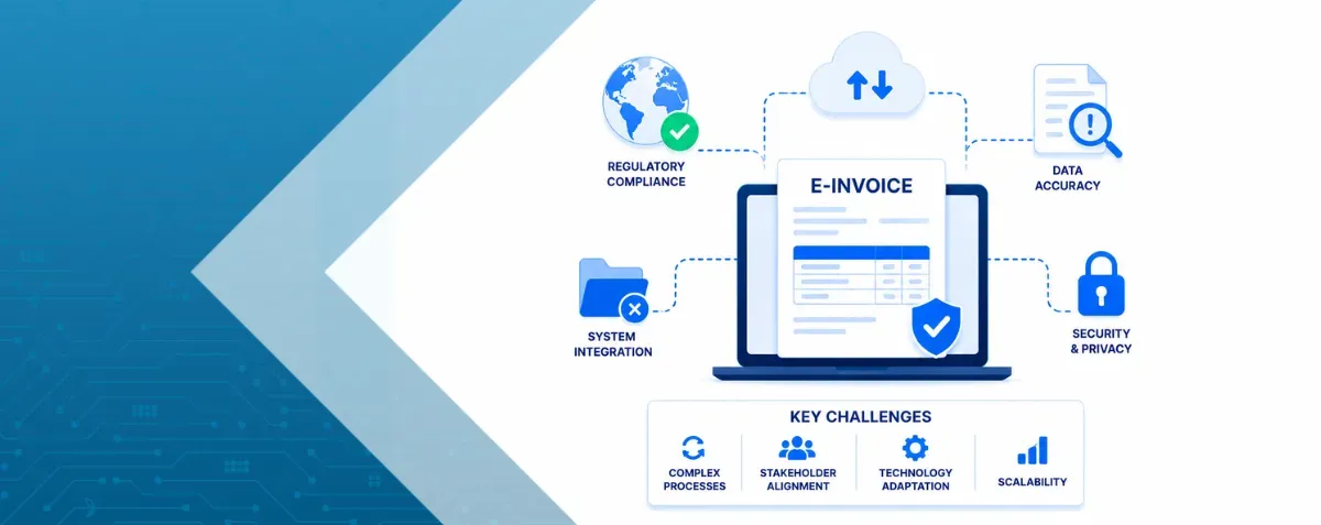 Illustration of e-invoicing documents secured with a lock and an XML invoice on screen.
