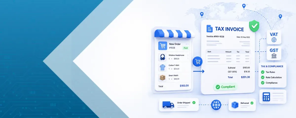 Ecommerce tax invoice workflow showing VAT, GST, order details, and compliance checks.