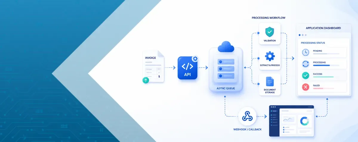 Async invoice processing workflow showing API submission, queue processing, validation, storage, and webhook updates.