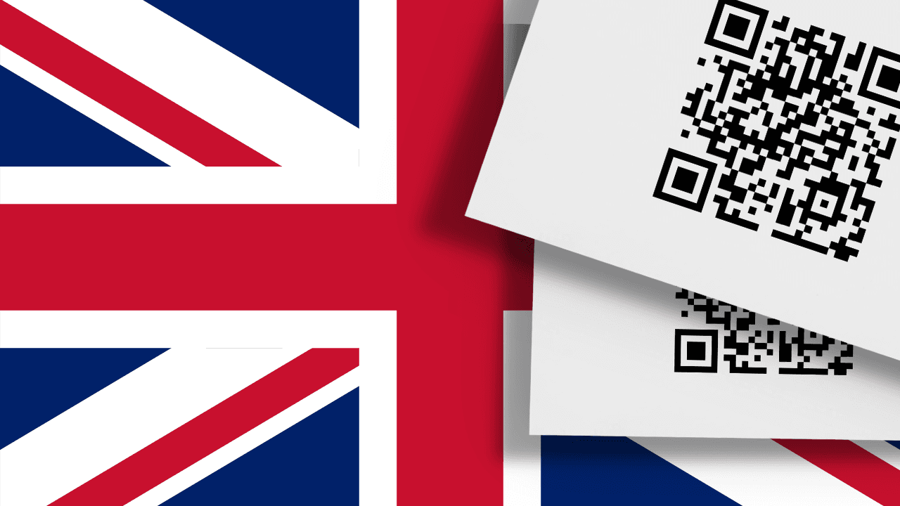 United kingdom flag with a QR-coded fiscal receipt overlay, representing electronic fiscalization and compliant e-invoicing solutions provided by DDD Invoices.