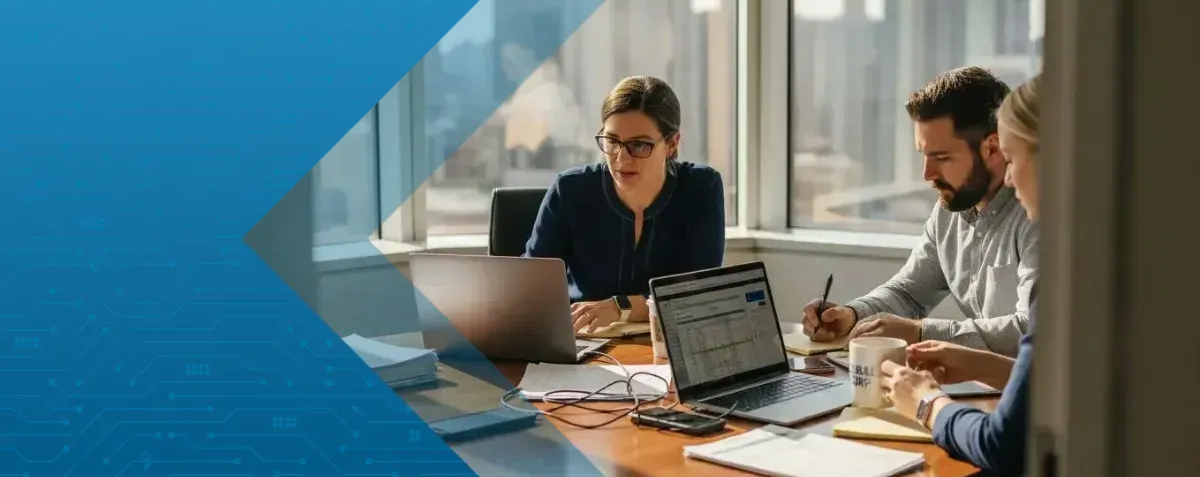 Team reviews invoicing dashboard in high-rise office