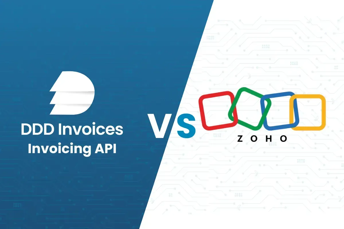 Alt Text: DDD Invoices and Zoho Invoice logos, representing e-invoicing compliance and small business invoicing solutions.