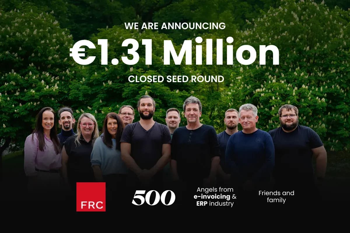 DDD Invoices team standing together outdoors celebrating closing a €1.31M seed round, with logos of lead investors Fil Rouge Capital and 500 Global and labels for angels from the e‑invoicing and ERP industry plus friends and family.