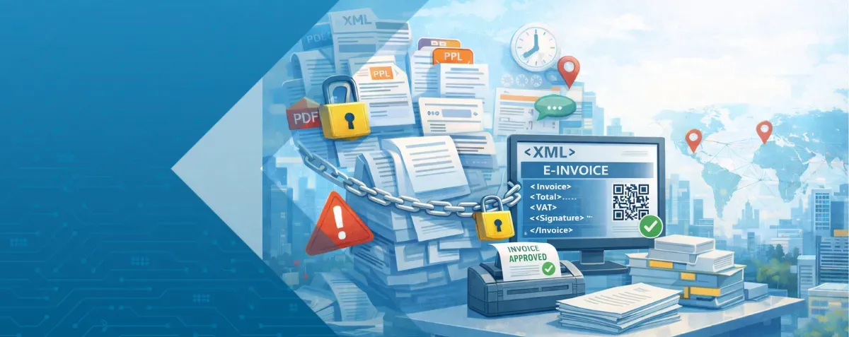 Illustration of e-invoicing documents secured with a lock and an XML invoice on screen.