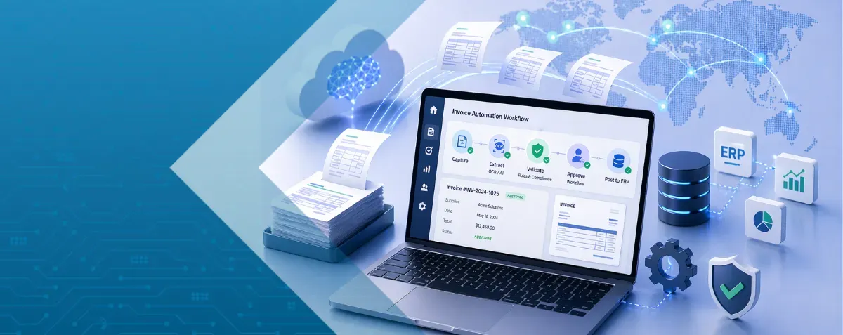 Visual of e-invoicing automation system with invoice capture, validation, and ERP integration across global finance operations.