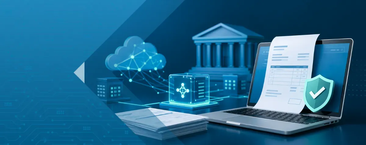 3D illustration of a secure digital invoice on a laptop connected to cloud and network systems.