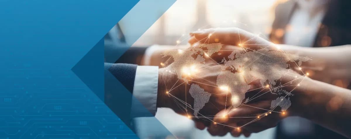 Why SaaS Invoicing Drives Global Compliance, featuring a handshake with a digital global network overlay, with DDD Invoices.