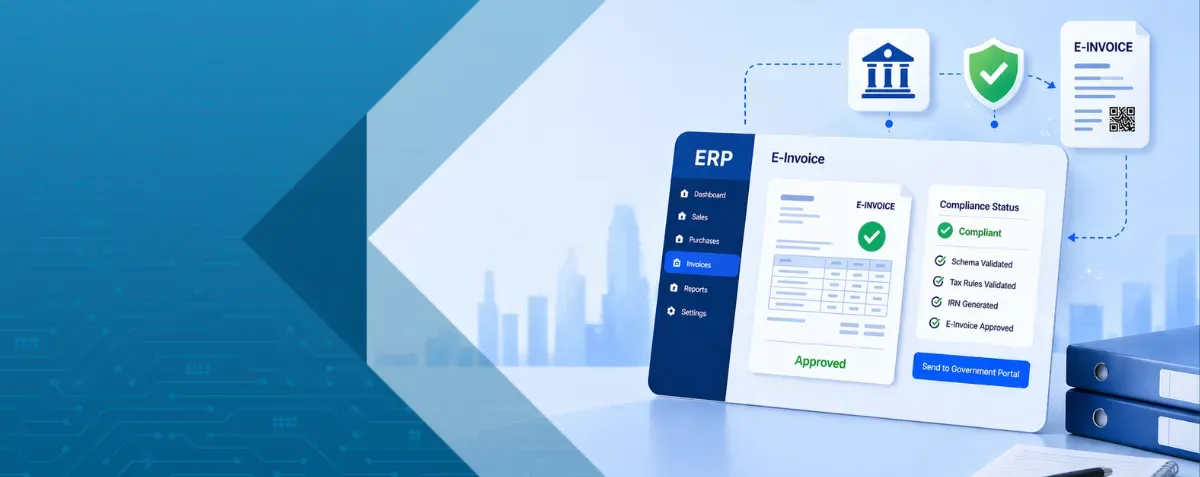 ERP e-invoicing dashboard showing approved invoice and compliance status with workflow icons.