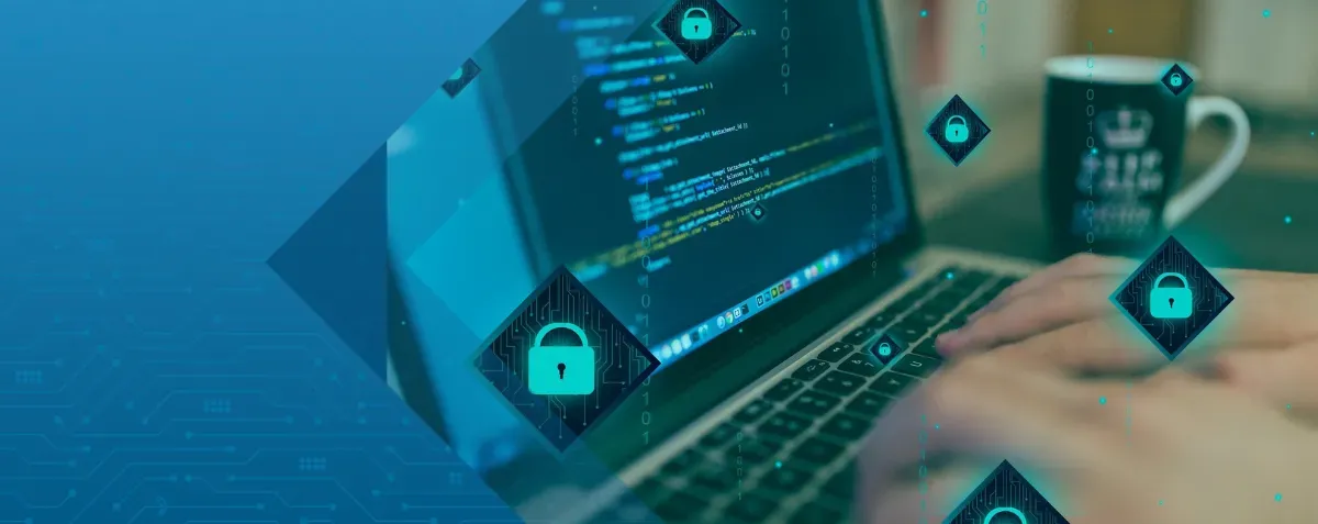 DDD Invoices supporting secure SaaS invoicing, featuring a laptop with code and digital security icons representing data protection and compliance.