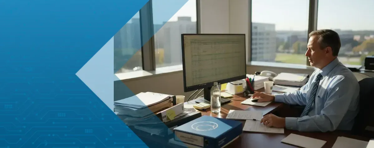 Compliance manager in corner office workspace