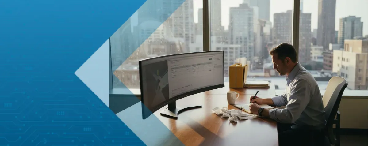 Analyst reviewing invoice in modern office