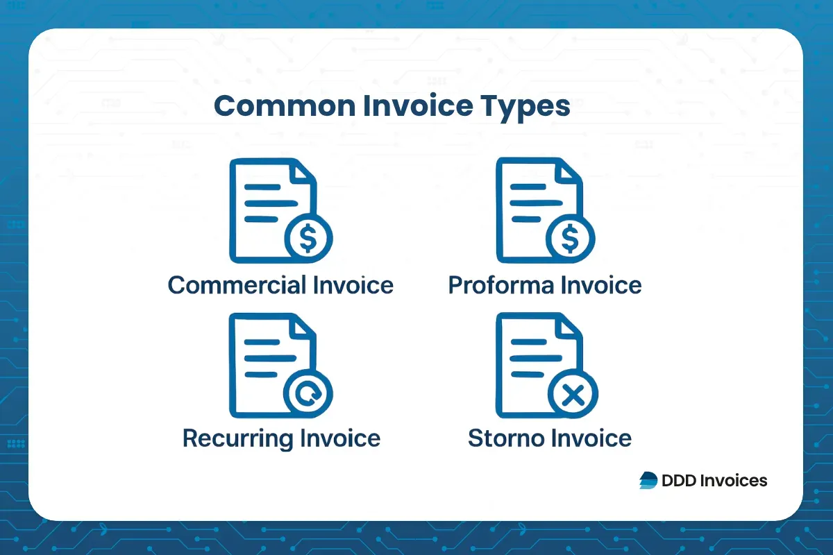 An inforgraphic representing the common types of invoices by DDD invoices