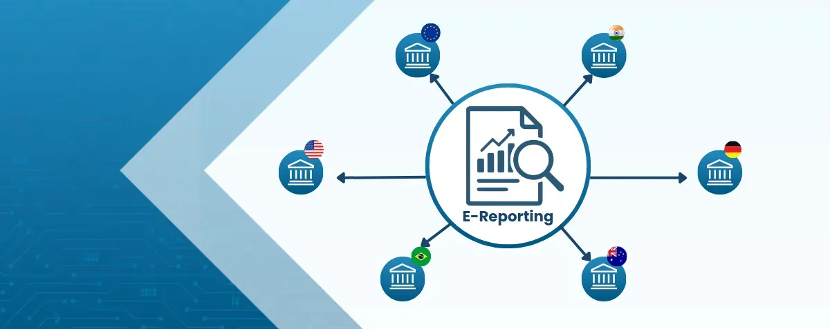 Global map with highlighted regions connected by digital lines to various tax portals, illustrating e-reporting and worldwide compliance networks.