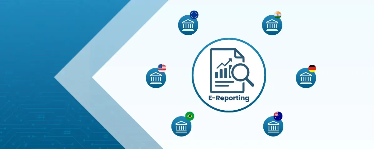 Global map with highlighted regions connected by digital lines to various tax portals, illustrating e-reporting and worldwide compliance networks.