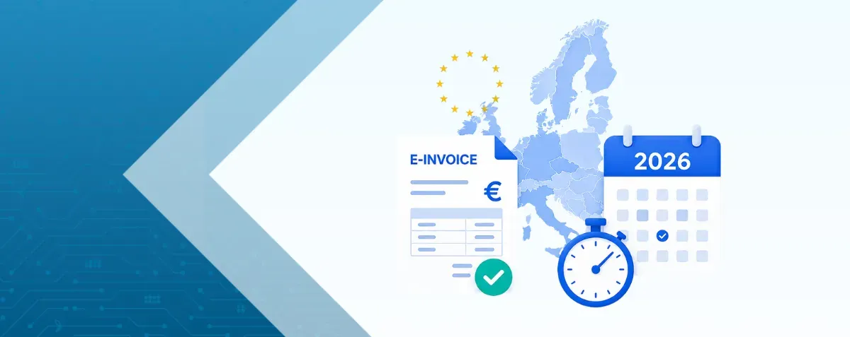 E-invoicing compliance graphic showing Europe, a 2026 deadline, an e-invoice, and approval indicators.