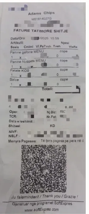 Sample Albanian e-invoice receipt showing transaction details and QR code, illustrating compliance with national e-invoicing requirements supported by DDD Invoices’ API solution.