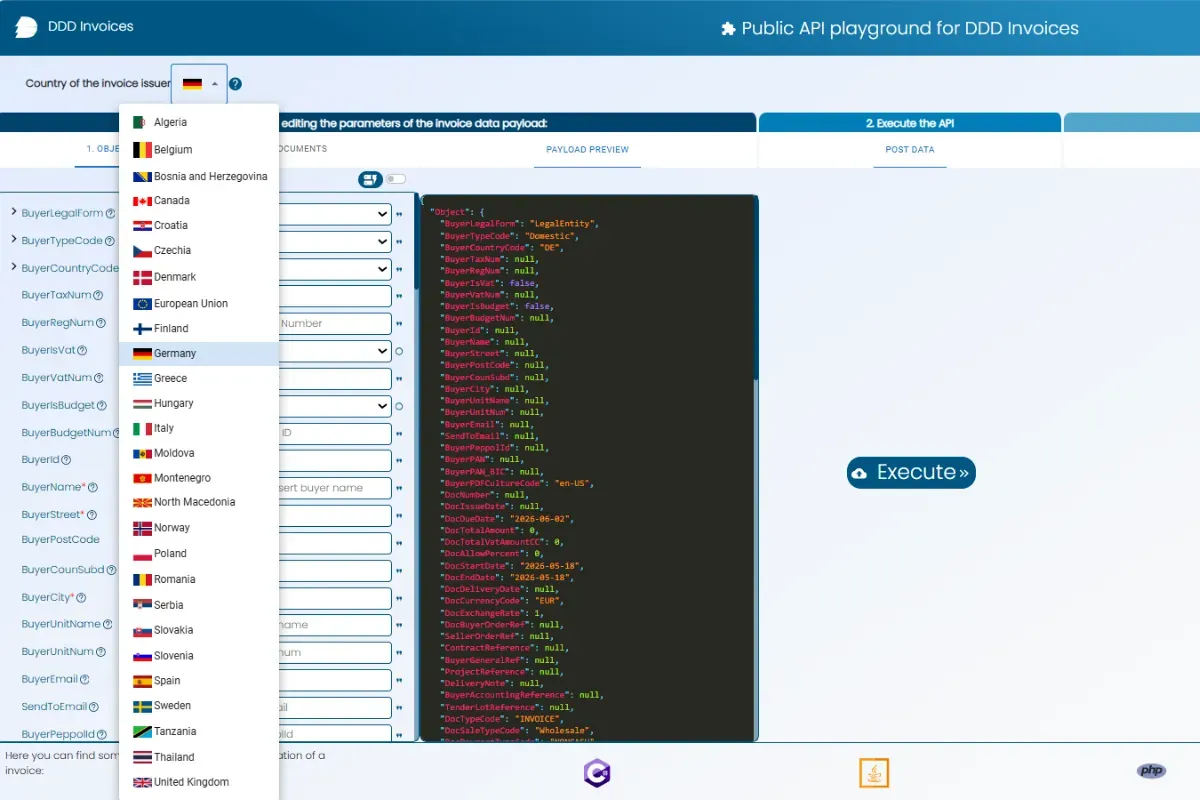 DDD Invoices API playground with country dropdown and JSON invoice preview