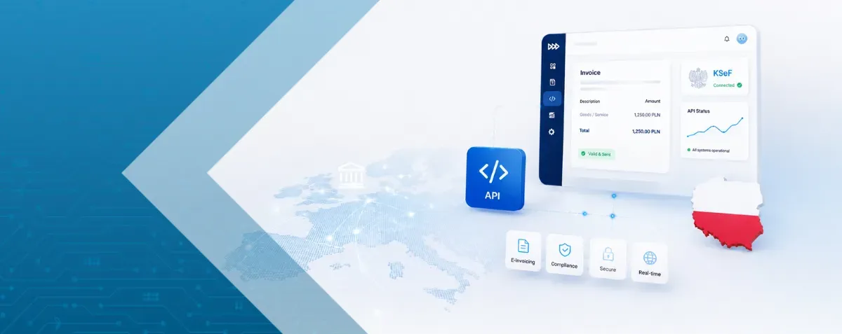 KSeF API integration process by DDD Invoices, covering ERP registration, secure authentication, invoice submission, and response handling.