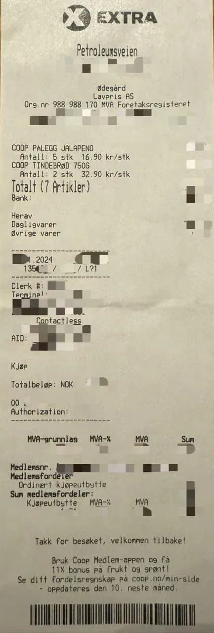  Sample Norwegian retail receipt showing purchase details and VAT breakdown, demonstrating local invoicing practices supported by DDD Invoices’ API solution.