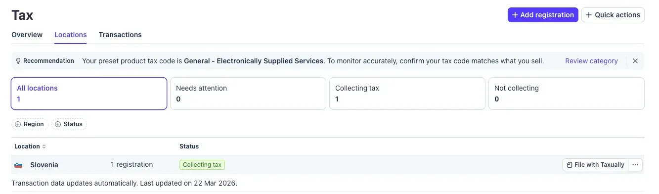 Tax registration DDD in Stripe