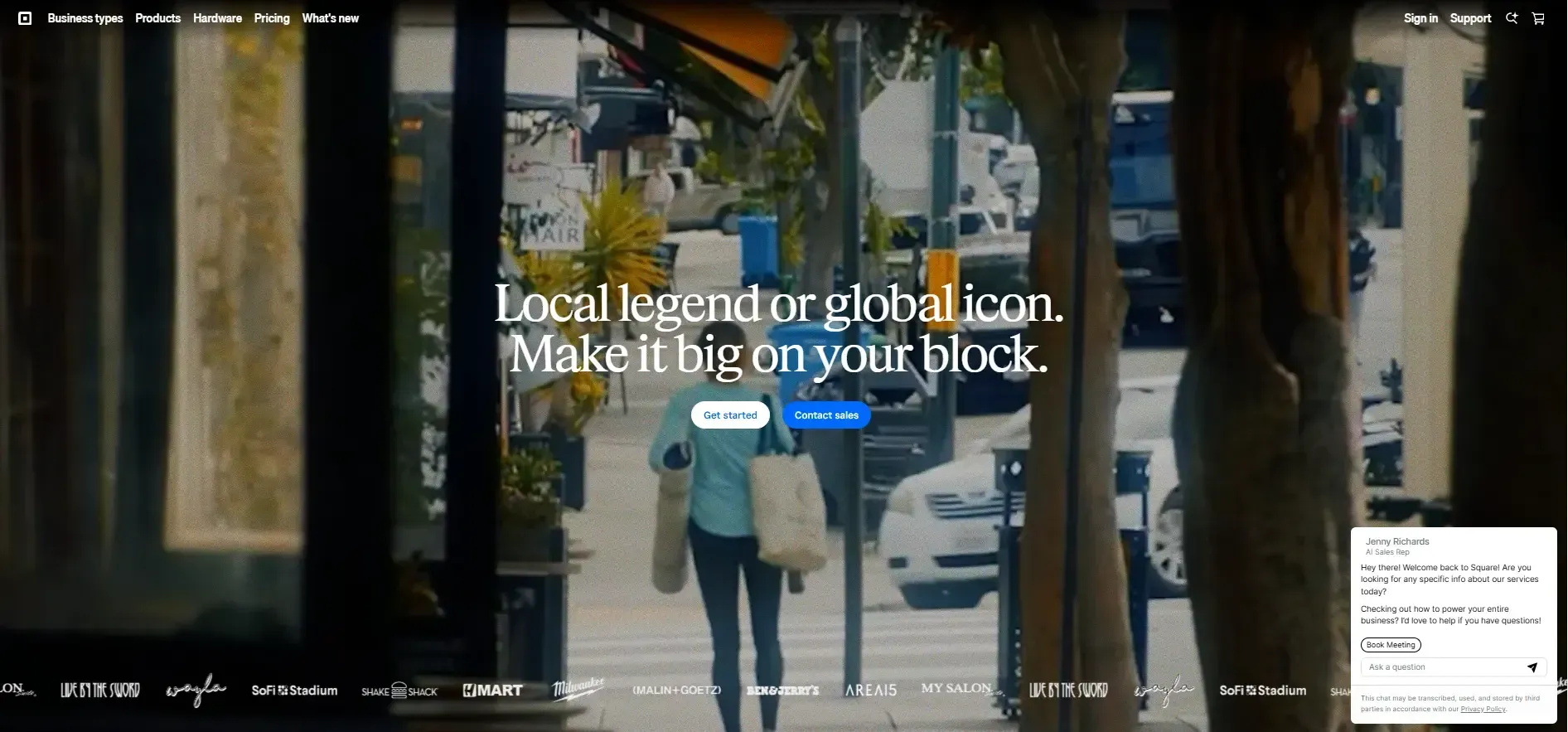 Alt text: Screenshot of the Square homepage with the headline “Local legend or global icon. Make it big on your block.” and “Get started” and “Contact sales” buttons.
