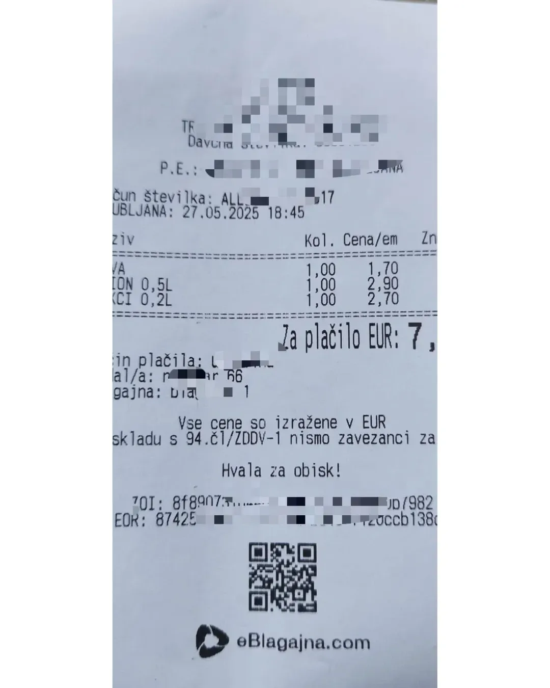 A Fiscalized receipt from slovenia for DDD invoices 