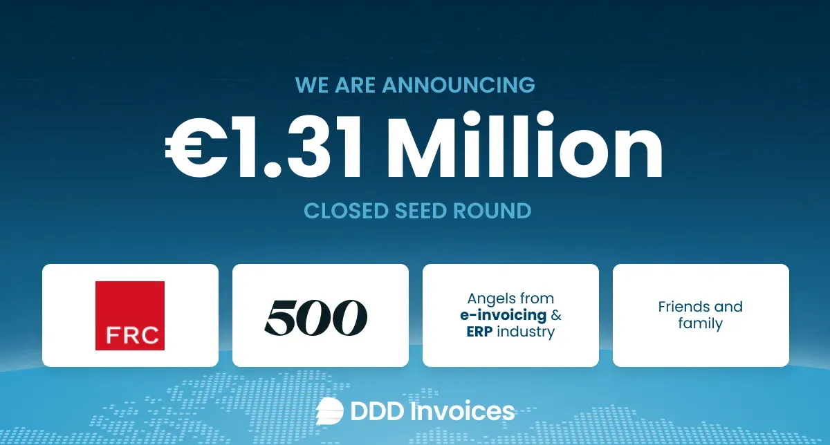 Graphic announcing DDD Invoices’ €1.31 million closed seed round, featuring the DDD Invoices logo, logos of lead investors Fil Rouge Capital and 500 Global, and mentions of angels from the e‑invoicing and ERP industry as well as friends and family.