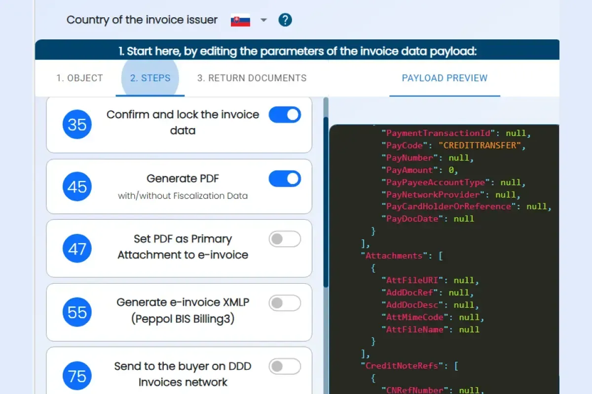 DDD Invoices interface showing automated steps to generate and send compliant e-invoices