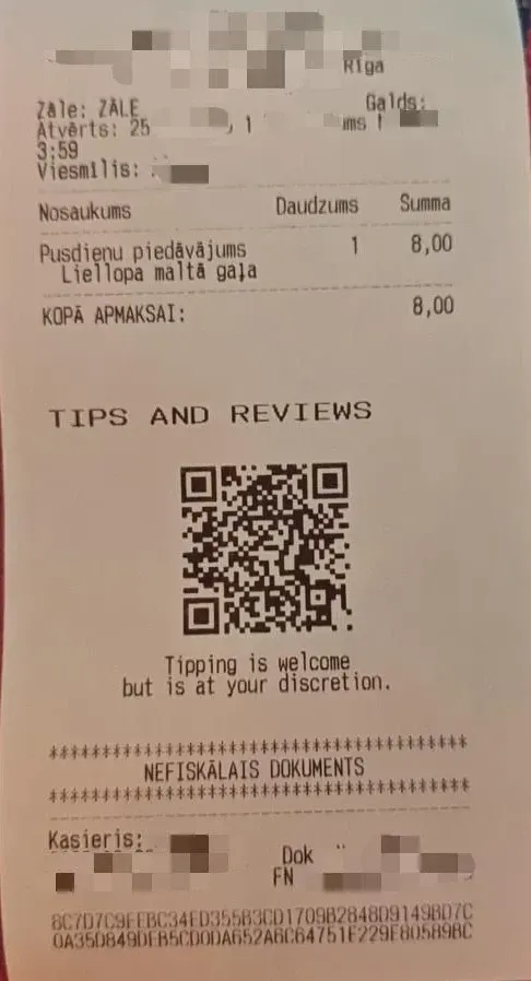A restaurant receipt in Latvia, marked as a non-fiscal document. Example of local e-invoicing context where DDD Invoices supports digital integration.