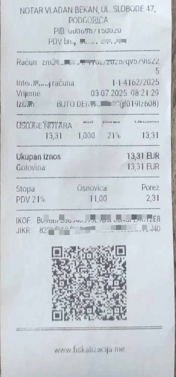 A fiscalized receipt from Montenegro for DDD invoices