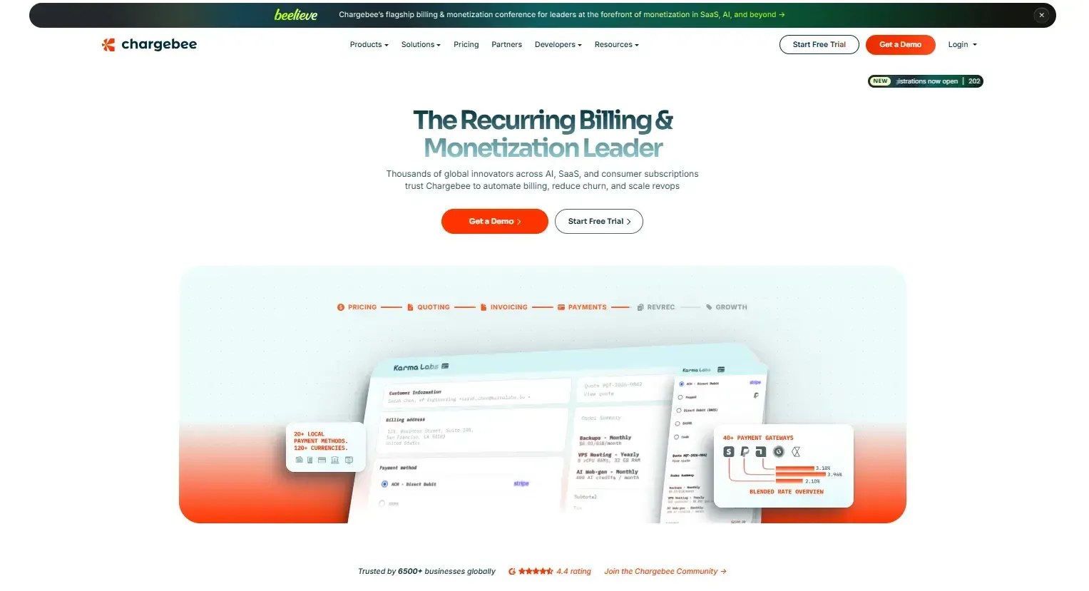 Alt text: Chargebee homepage with subscription dashboard and “Get a Demo” / “Start Free Trial” buttons.