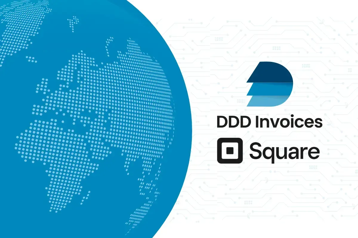 Alt Text: DDD Invoices and Square logos side by side, with a blue dotted globe and light circuit background representing digital invoicing.