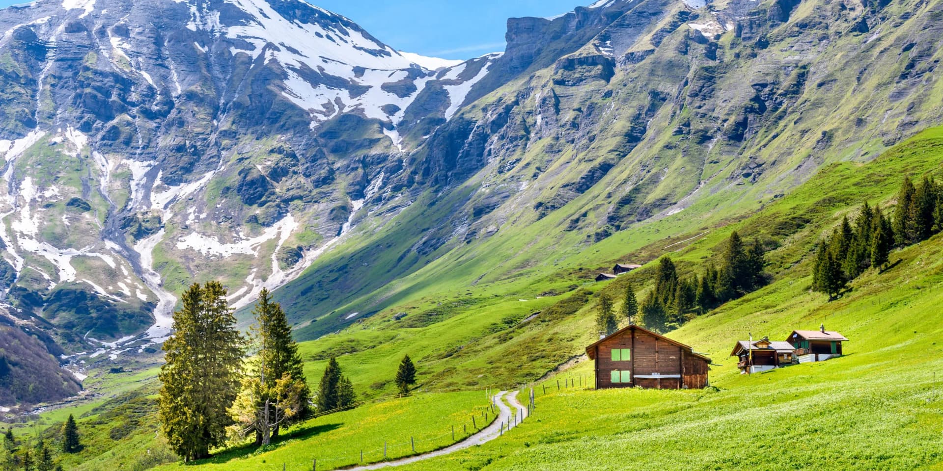 Scenic view of the Swiss Alps with green meadows and snow-capped mountains, illustrating Switzerland’s fiscalisation and e-reporting, supported by DDD Invoices.