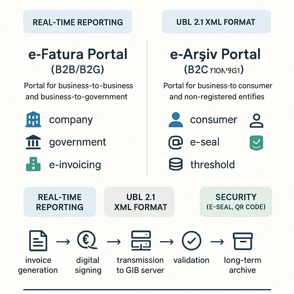  Infographic comparing e-Fatura Portal (B2B/B2G) and e-Arşiv Portal (B2C) processes, as supported by DDD Invoice.