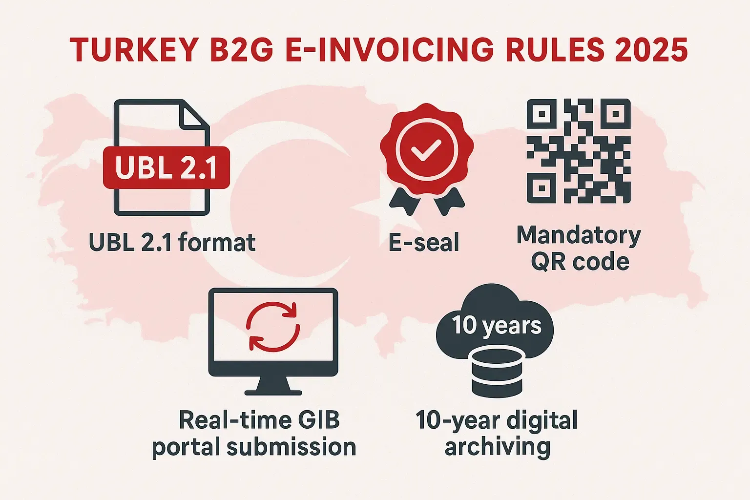 Infographic illustrating Turkey’s B2G electronic invoicing regulations for 2025, supported by DDD Invoice