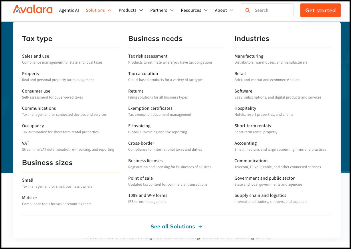 Avalara Features on their landing page