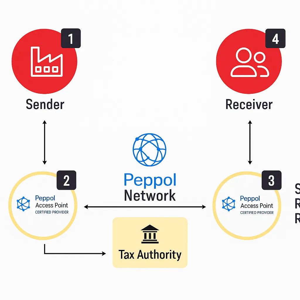Infographic showing the Peppol e-invoicing process: sender transmits invoice via certified Access Point to the tax authority and receiver through the Peppol network, by DDD Invoices.